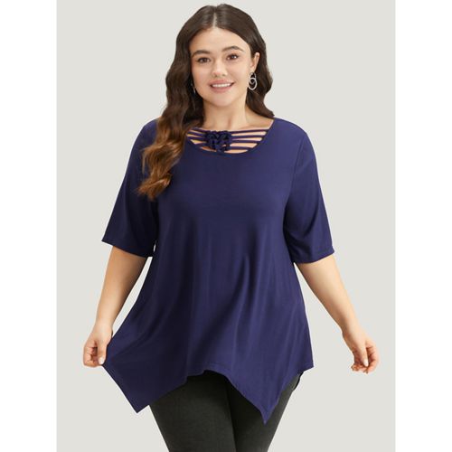 Plus Size Halloween Plain Crisscross Knot Hanky Hem T-shirt DarkBlue Round Neck Short sleeve Elegant Jersey Tops 12/L