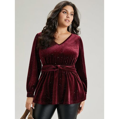 Plus Size Scarlet Glitter Sequin Velvet Twist Front V Neck Blouse Women Cocktail Long Sleeve V-neck Party Blouses BloomChic 12/L