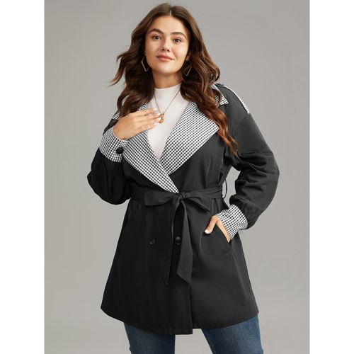 Plus Size Gingham Patchwork Belted Pocket Coat Women Black Casual Belted Ladies Dailywear Winter Coats BloomChic 10/M