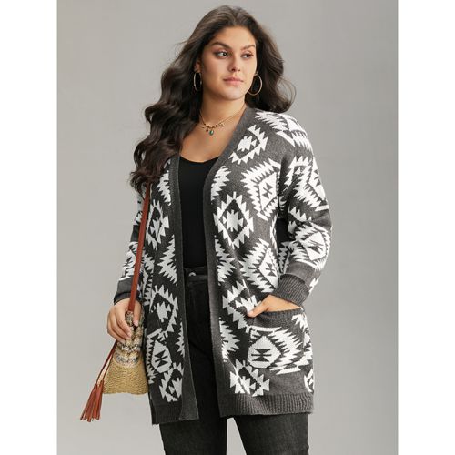 Plus Size Bandana Print Elastic Cuffs Patched Pocket Cardigan DimGray Women Casual Loose Long Sleeve Dailywear Cardigans BloomChic 22-24/3X