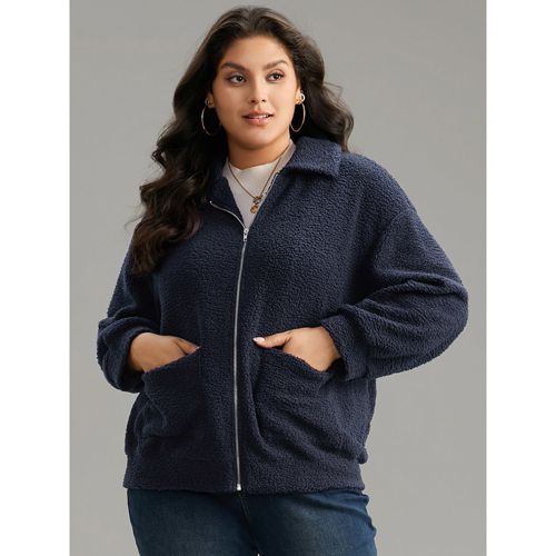Plus Size Solid Zipper Pocket Teddy Jacket Women DarkBlue Casual Plain Ladies Dailywear Winter Coats BloomChic 14-16/1X