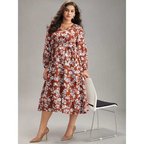 Plus Size Floral Print Elastic Cuffs Ruffle Hem Dress Rust Women Elegant Elastic cuffs V-neck Long Sleeve Curvy Midi Dress BloomChic 28/5X