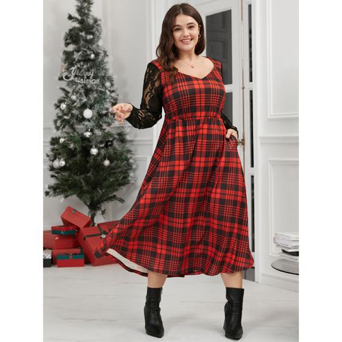 Plus Size Plaid Pocket Contrast Lace V Neck Midi Dress Red Women Elegant Patchwork V-neck Long Sleeve Curvy Midi Dress BloomChic 18-20/2X