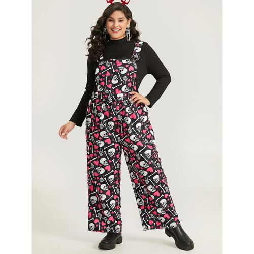 Plus Size Black Halloween Skull &Heart Print Pocket Gathered Jumpsuit Women Casual Sleeveless Spaghetti Strap Festival-Halloween Loose Jumpsuits Bloom