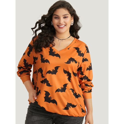 Plus Size Halloween Bat Print V Neck Sweatshirt Women OrangeRed Casual Elastic cuffs V-neck Festival-Halloween Sweatshirts BloomChic 10/M