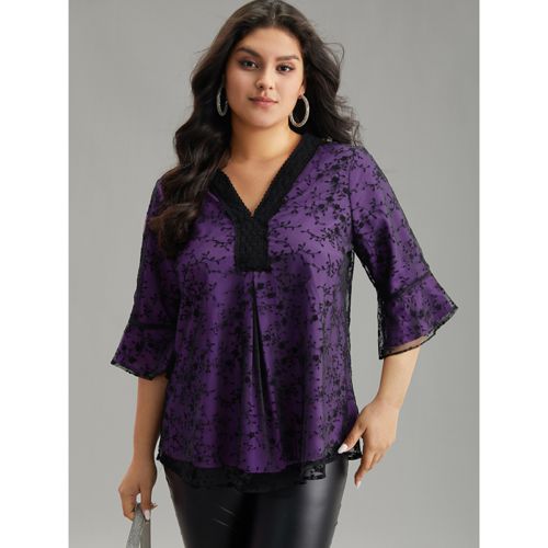 Plus Size Purple Crochet Lace Mesh Bell Sleeve Blouse Women Cocktail Elbow-length sleeve V-neck Party Blouses BloomChic 14-16/1X