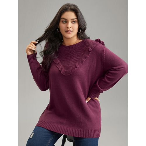 Plus Size Solid Flutter Trim Plisse Loose Pullover Burgundy Women Casual Loose Long Sleeve Round Neck Dailywear Pullovers BloomChic 26/4X