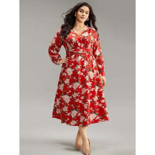 Plus Size Floral Print Ruched Pocket Pleated Dress Red Women Elegant Printed V-neck Long Sleeve Curvy Midi Dress BloomChic 22-24/3X