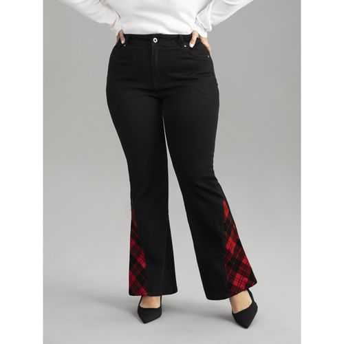 Plus Size Flare Leg Plaid Patchwork Pocket Jeans Women Black Casual Plaid Contrast Low stretch Pocket Jeans BloomChic 20/2X