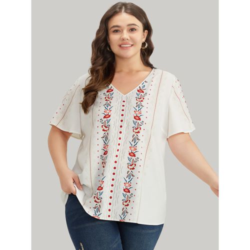 Plus Size White Bandana Print V Neck Flutter Sleeve Blouse Women Vacation Short sleeve V-neck Dailywear Blouses BloomChic 10/M