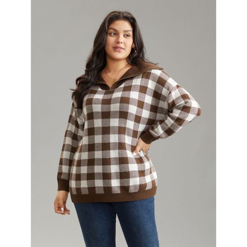 Plus Size Gingham Half Zip Polo Drop Shoulder Pullover DarkBrown Women Casual Loose Long Sleeve Polo Dailywear Pullovers BloomChic 18-20/2X