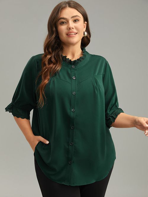 Solid Guipure Lace Button Up Curved Hem Blouse