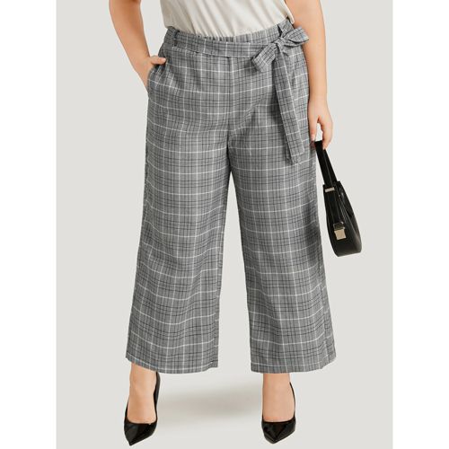 Plus Size Gingham Pocket Belted Wide leg Pants Women Black Office Straight Leg High Rise Work Pants BloomChic 14-16/1X