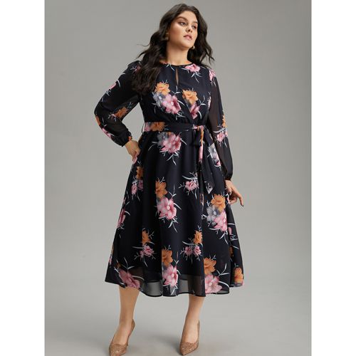 Plus Size Chiffon Floral Print Keyhole Belted Pocket Dress DarkBlue Women Elegant Elastic cuffs Keyhole Cut-Out Long Sleeve Curvy Midi Dress BloomChic