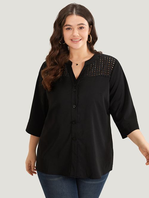 Anti-Wrinkle Solid Button Through Notched Cut Out Blouse