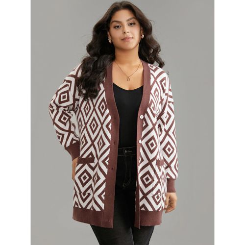 Plus Size Supersoft Essentials Geometric Button Through Cardigan Maroon Women Casual Loose Long Sleeve Dailywear Cardigans BloomChic 12/L