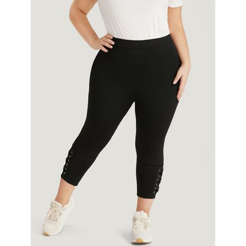 Plus Size Plain Crisscross Hem Elastic Waist Skinny Leggings Women Black Casual No stretch Skinny High Rise Dailywear Leggings BloomChic 10/M