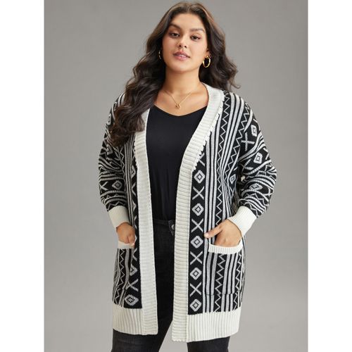 Plus Size Geometric Bandana Contrast Pocket Cardigan Black Women Casual Loose Long Sleeve Dailywear Cardigans BloomChic 10/M