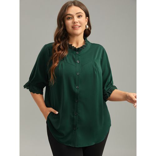 Plus Size Solid Guipure Lace Button Up Curved Hem Blouse ArmyGreen Half Sleeve Mock Neck Office Shirts 10/M