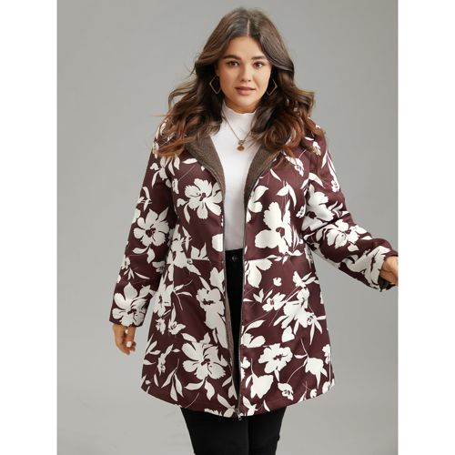 Plus Size Silhouette Floral Print Fuzzy Zipper Hooded Coat Women Scarlet Casual Lined Ladies Dailywear Winter Coats BloomChic 18-20/2X