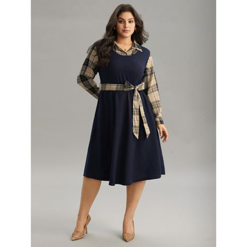Plus Size Plaid Patchwork Rib Knit Shirt Collar Belted Dress Indigo Women Office Printed Shirt collar Long Sleeve Curvy Midi Dress BloomChic 30/6X