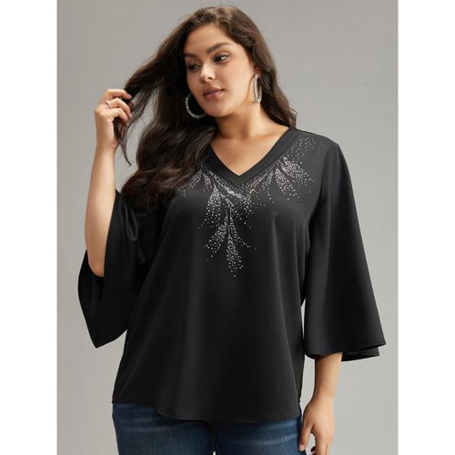 Plus Size Black Twill Rhinestone V Neck Ruffle Sleeve Blouse Women Glamour Elbow-length sleeve V-neck Going out Blouses BloomChic 14-16/1X