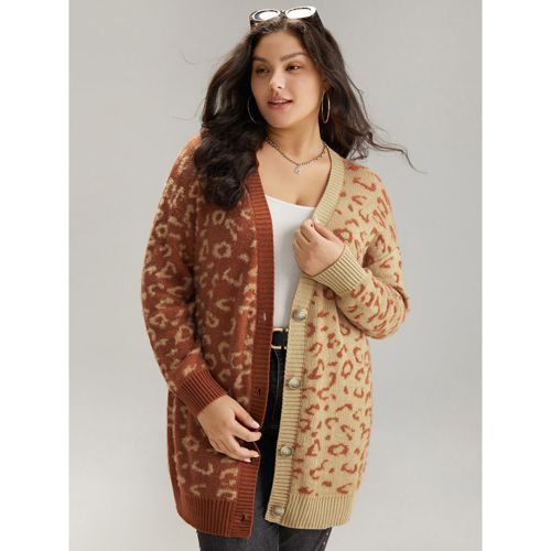 Plus Size Leopard Print Contrast Button Through Cardigan Leopard Women Casual Loose Long Sleeve Dailywear Cardigans BloomChic 26/4X