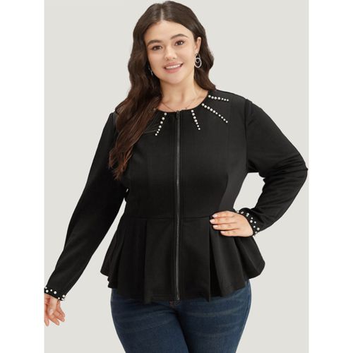 Plus Size Pearl Beaded Zipper Plicated Detail Coat Women Black Work From Home Plain Ladies Work Winter Coats BloomChic 26/4X