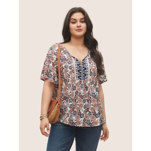 Plus Size Indigo Boho Print Button Detail Ties Blouse Women Resort Short sleeve V-neck Vacation Blouses BloomChic 18-20/2X