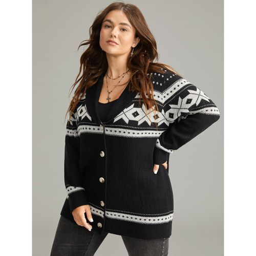 Plus Size Geometric Contrast Button Through Cardigan Black Women Casual Loose Long Sleeve Dailywear Cardigans BloomChic 22-24/3X