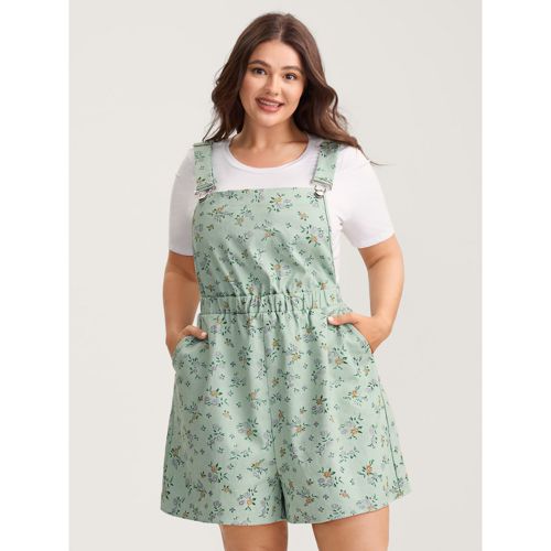 Plus Size Pure Cotton Overall Straps Pockets Romper Greenbean Slanted pocket Everyday-Casual 12/L Rompers Bloomchic