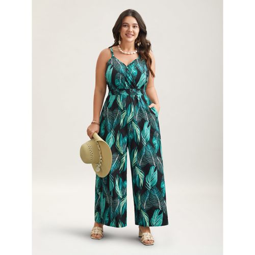 Plus Size Black Tropical Print Waist-Cinched Pockets Jumpsuit Women Resort Sleeveless Overlap Collar Vacation Loose Jumpsuits BloomChic 14-16/1X