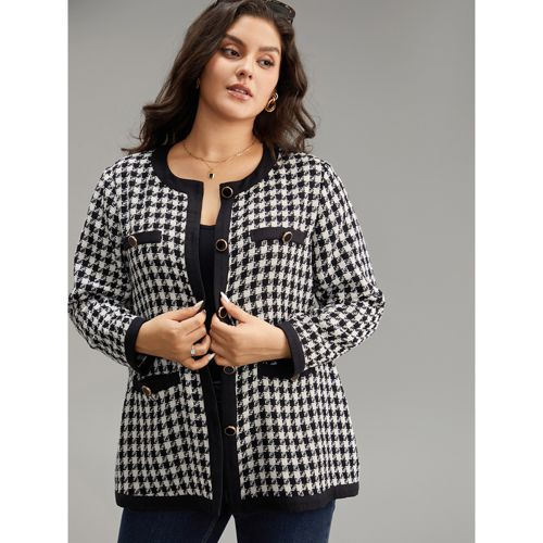 Plus Size Twill Houndstooth Button Detail Pocket Coat Women Black Elegant Texture Ladies Everyday Winter Coats BloomChic 22-24/3X