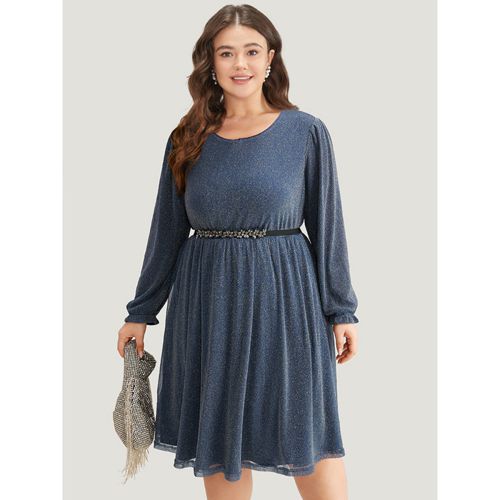 Plus Size Glitter Crew Neck Pocket Pleated Dress Aegean Women Party Elastic cuffs Round Neck Long Sleeve Curvy Midi Dress BloomChic 28/5X