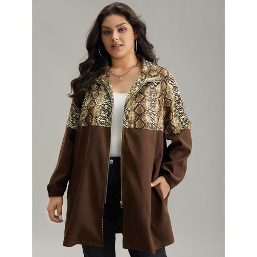 Plus Size Snakeskin Print Patchwork Contrast Zipper Windbreaker Women DarkBrown Casual Contrast Ladies Dailywear Winter Coats BloomChic 10/M