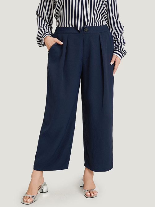 Plain Pocket Elastic Waist Pleated Woven Pants