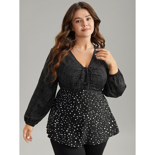 Plus Size Black Polka Dot Ruched Ties Lantern Sleeve Blouse Women Elegant Long Sleeve V-neck Dailywear Blouses BloomChic 10/M