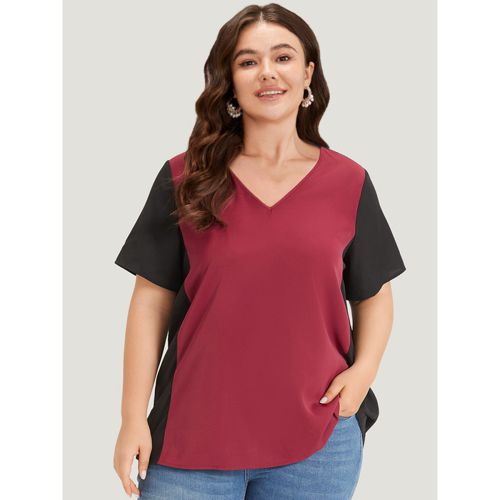 Plus Size Multicolor Colorblock Contrast Patchwork V Neck Blouse Women Elegant Short sleeve V-neck Dailywear Blouses BloomChic 12/L