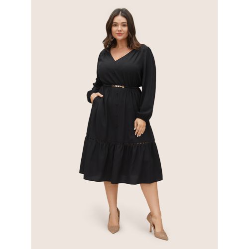 Plus Size Hollow Out Lantern Sleeve Flutter Layered Hem Dress Black Women At the Office Non V-neck Long Sleeve Curvy Midi Dress BloomChic 22-24/3X