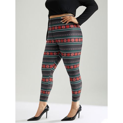 Plus Size Snowflake Striped Very Stretchy Ankle Leggings Women Black Casual High stretch Skinny High Rise Festival-Christmas Leggings BloomChic 26/4X