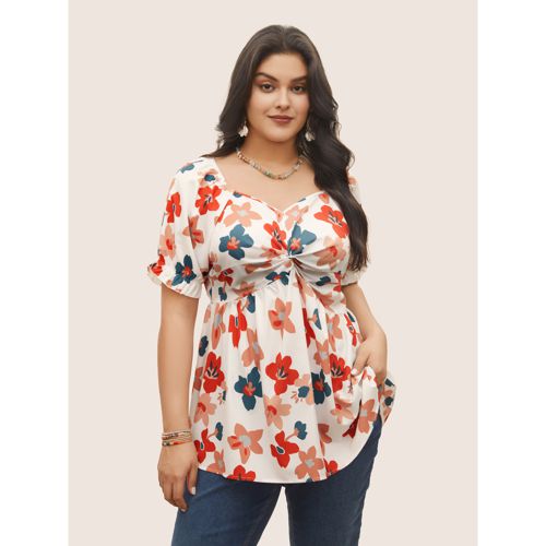 Plus Size Multicolor Floral Square Neck Twist Front Elastic Waist Blouse Women Resort Short sleeve V-neck Vacation Blouses BloomChic 12/L
