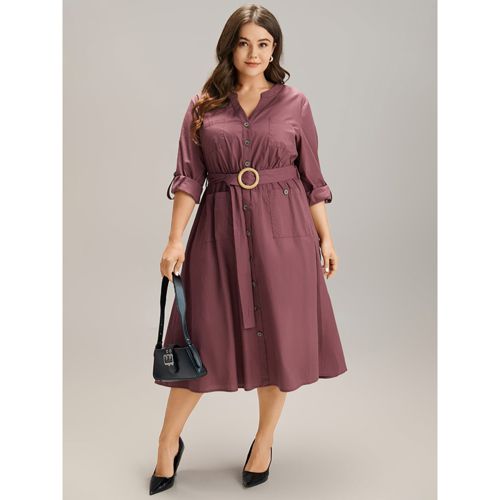 Plus Size Cotton Solid Buckle Detail Pocket Dress Burgundy Women Office Plain Shirt collar Long Sleeve Curvy Midi Dress BloomChic 22-24/3X