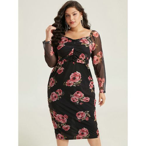 Plus Size Floral Mesh Patchwork Ruched Square Neck Split Hem Dress BlackFlower Women Cocktail Gathered Square Neck Long Sleeve Curvy Midi Dress BloomC