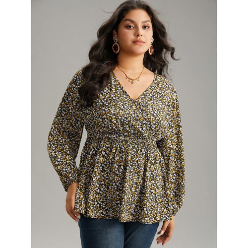 Plus Size Black Ditsy Floral Lantern Sleeve Shirred Blouse Women Elegant Long Sleeve V-neck Dailywear Blouses BloomChic 26/4X