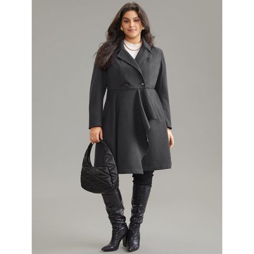 Plus Size Woolen Solid Button Up Ruffle Trim Coat Women Gray Elegant Asymmetrical Ladies Dailywear Winter Coats BloomChic 22-24/3X