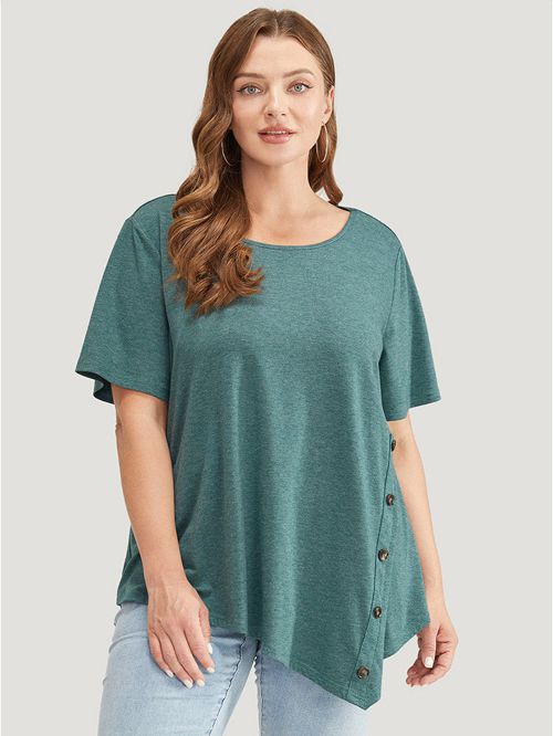 Solid Asymmetrical Hem Button Detail Ruffles T-shirt