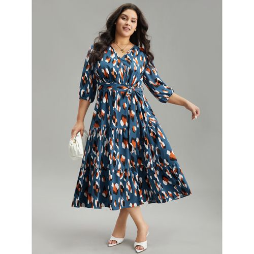 Plus Size Allover Print Ruffle Layered Hem Wrap Belted Dress Cerulean Women Office Elastic cuffs Overlap Collar Elbow-length sleeve Curvy Midi Dress B