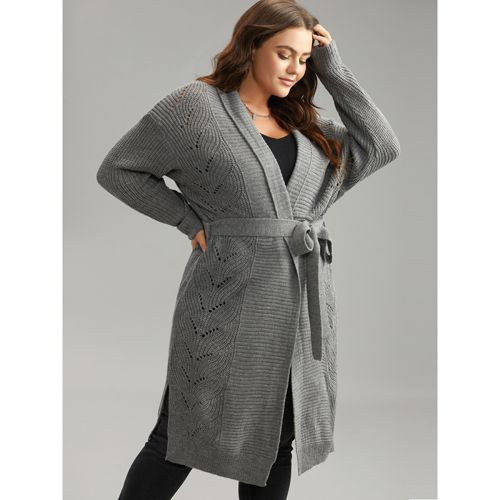 Plus Size Plain Split Hem Ties Texture Cardigan Gray Women Casual Loose Long Sleeve Dailywear Cardigans BloomChic 14-16/1X
