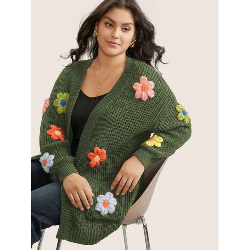 Plus Size Rainbow Floral Pocket Open Front Cardigan ArmyGreen Women Casual Long Sleeve Everyday Cardigans BloomChic 26/4X