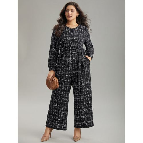 Plus Size Black Textured Button Up Elastic Waist Belted Jumpsuit Women Office Long Sleeve Round Neck Work Loose Jumpsuits BloomChic 10/M